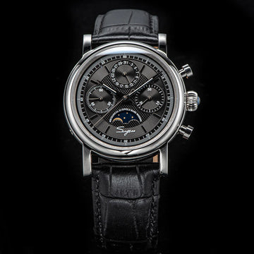 Soar through time with this pilot's chronograph, featuring a moon phase complication and Swanneck seconds hand Men's Watch