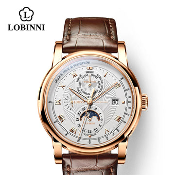 Luxury Brand Men's Mechanical Wristwatch from Switzerland with Moon Phase Automatic Sapphire Leather Band Seagull Movement