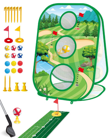 4 In 1 Kids Golf Games Set Golf Putting Practice Mat 3-Sided Golf Chipping Net