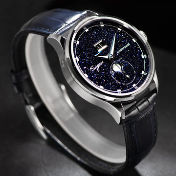 Luxurious Men's Mechanical Watch with real blue stone dial, ST2528 movement, and moon phase complication.