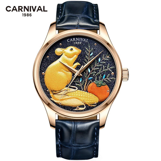 CARNIVAL Automatic Mechanical Watches Mouse Pattern Luxury Waterproof Sapphire Crystal Watch Men MIYOTA Movement Genuine Leather