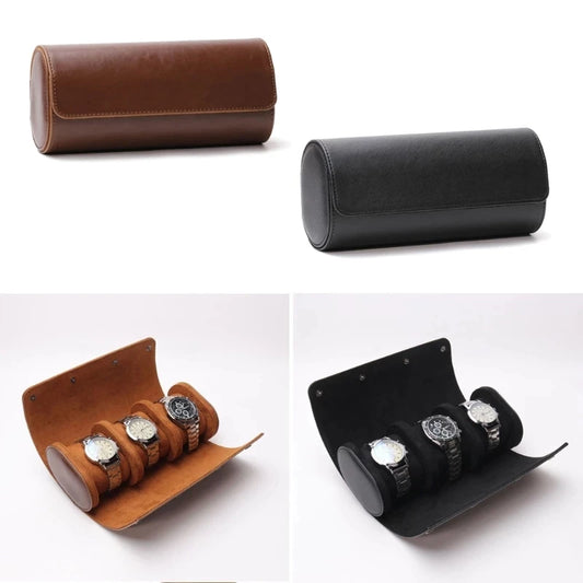 3 Slots Watch Roll Travel Case Chic Portable Vintage Leather Display Watch Storage Box with Slid in Out Watch Organizers