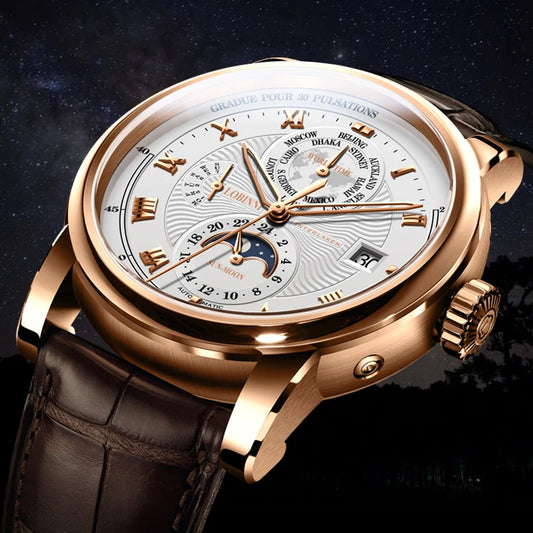 Luxury Brand Men's Mechanical Wristwatch from Switzerland with Moon Phase Automatic Sapphire Leather Band Seagull Movement