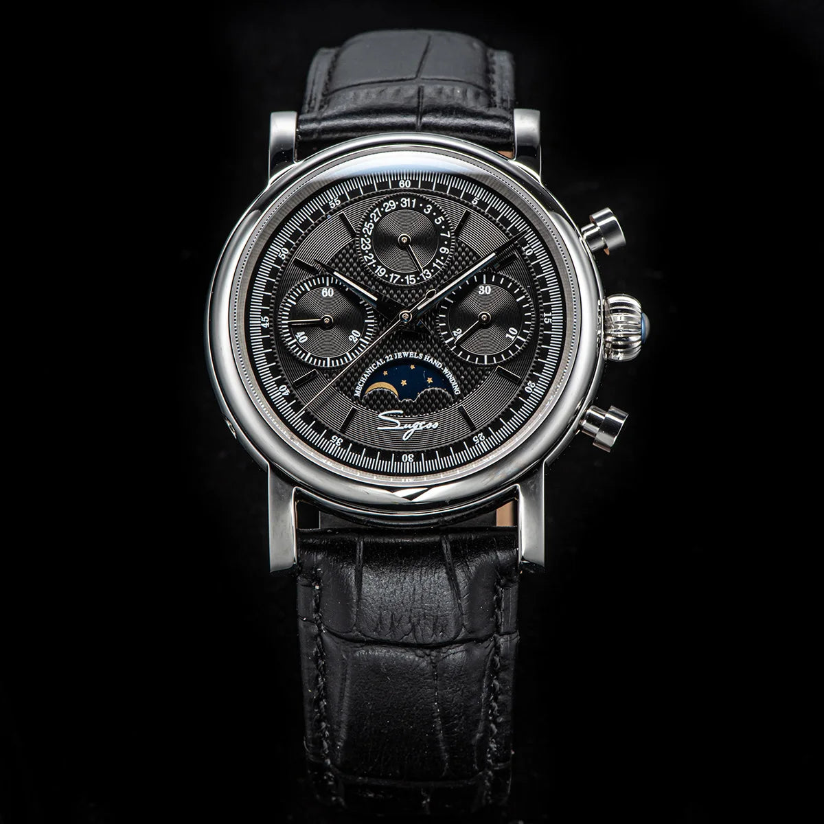 Soar through time with this pilot's chronograph, featuring a moon phase complication and Swanneck seconds hand Men's Watch