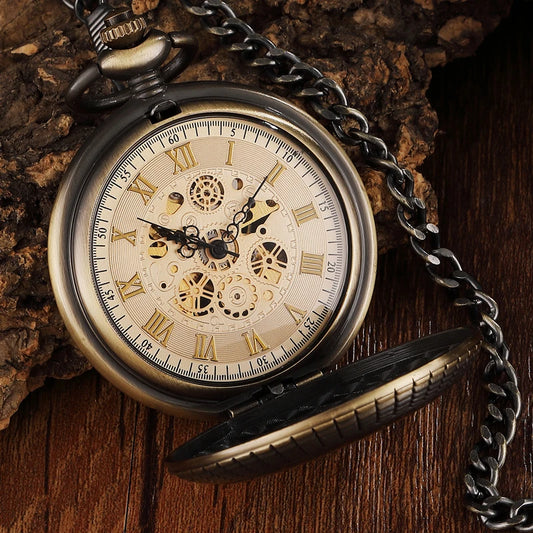 Vintage Wood Circle Carved Number Dial Mechanical Pocket Watch Men Unique Hollow Steampunk Bronze Mechanical Clock Watches Chain