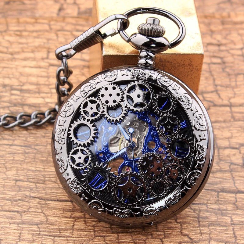 Vintage Steampunk Gears Hollow Bronze Mechanical Pocket Watch Fob Chain Hand Wind Skeleton Necklace Clock Men Womens Gifts