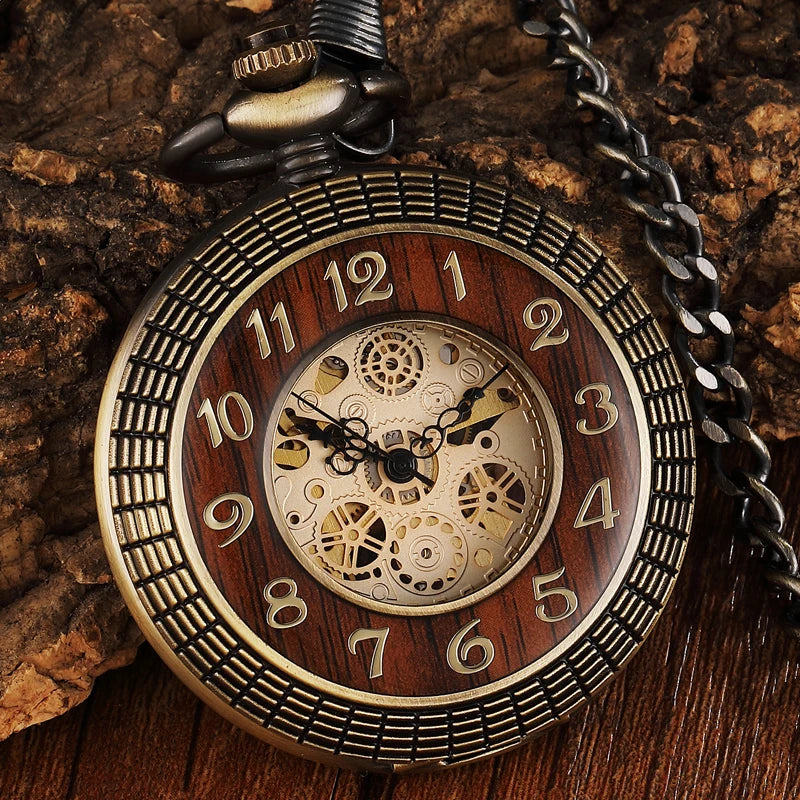 Vintage Wood Circle Carved Number Dial Mechanical Pocket Watch Men Unique Hollow Steampunk Bronze Mechanical Clock Watches Chain