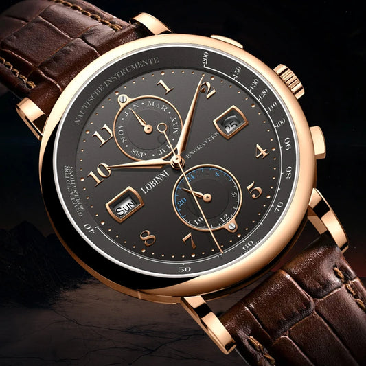 Luxury Fashion Male Mechanical Wristwatch, Leather Strap, Waterproof 50M Date Display