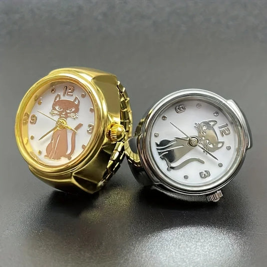 1PC niche handsome kitten circular pointer quartz ring watch hot selling high-end gold and silver finger watch