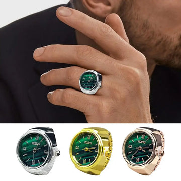 Round Green Dial Ring Watch Elastic Stainless Steel Band Elegant Men Women Couple Watch Finger Ring Birthday Gift Fashion Access