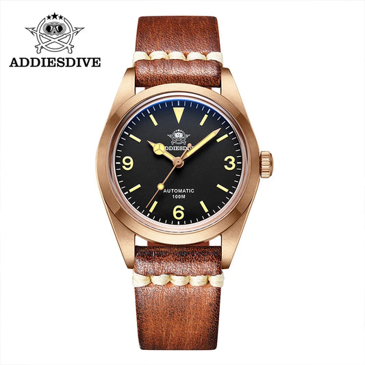 ADDIESDIVE New Bronze Watch For Men 36mm Luminous 10Bar Bubble Mirror Pot Cover Glass CUSN8 Solid Bronze PT5000 Automatic Watch