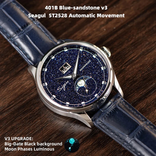 Starry night on your wrist: Moon phase watch with gemstone dial and stainless steel case