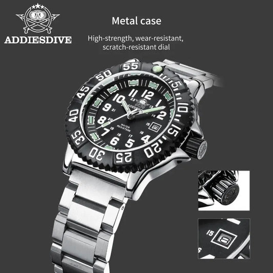 Addies Dive Men Fashion Casual Watch Calendar Display 50m Waterproof Tube Luminous Watch Black Dial Rotating Bezel Quartz Watch