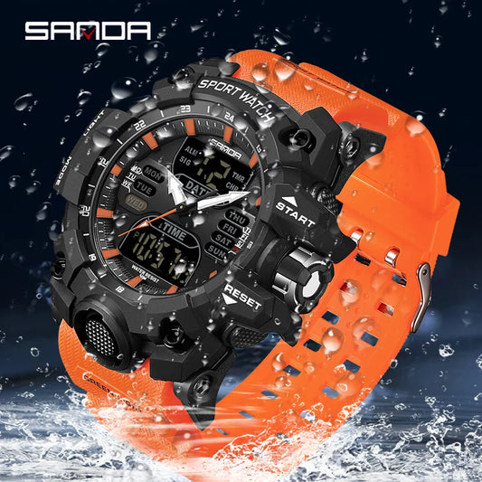 SANDA Fashion Men's Sports Watch Military G Style Dual Display LED Digital Alarm Clock 50M Waterproof Men Electronic Wristwatch