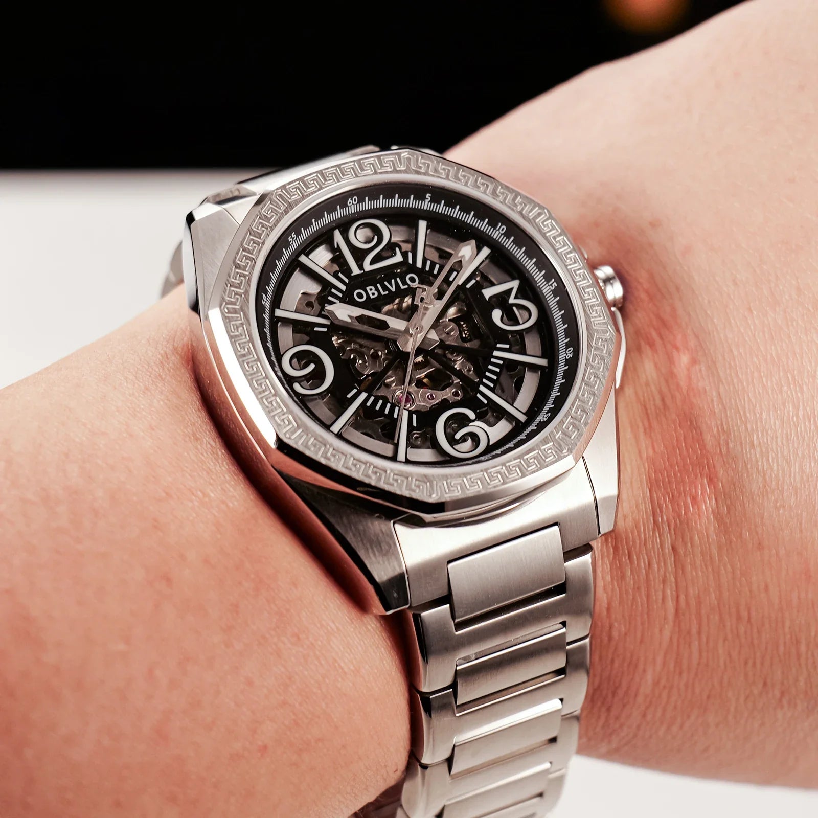 OBLVLO Luxury Mens Automatic Watch Designer Skeleton Dial Stainless 