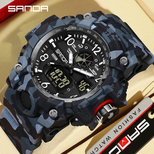 SANDA 3358Outdoor Electron Male Wristwatch Display Quartz Men Clock Sports Military Mens Watch  Camouflage LED Digital Watch
