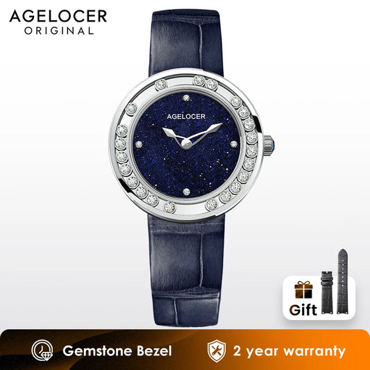 Natural Blue Aventurine Dial Women's Quartz Luxury Diamond Watch Birthday Gift for Women