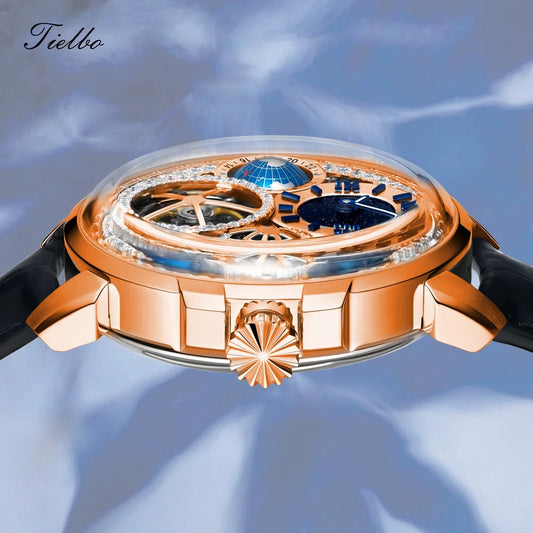 TIELBO Men Crystal Watches Hand-wind Genuine Flying Tourbillon Movement Luxury Mechanical Watch Brilliant Diamonds 3D Dial