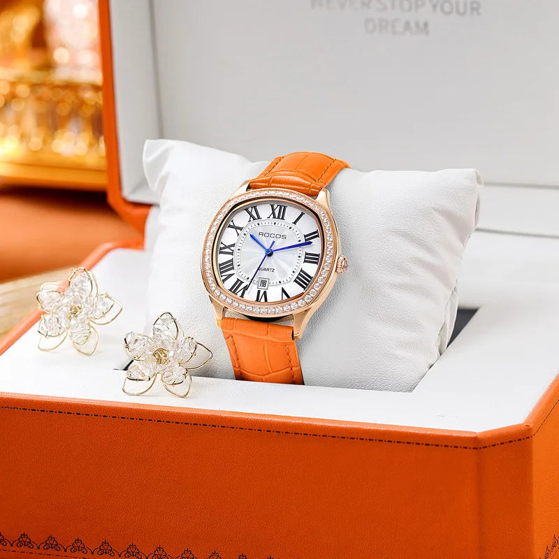 ROCOS Luxury Women Watch Fashion Elegant Diamond Wristwatch Leather RO