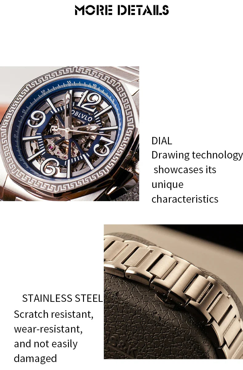 OBLVLO Luxury Mens Automatic Watch Designer Skeleton Dial Stainless 