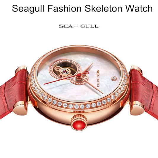 2023 Watch Fashion Skeleton Ladies Rhinestone Sapphire Mirror Automatic Mechanical Wristwatch часы женские наручные 6141