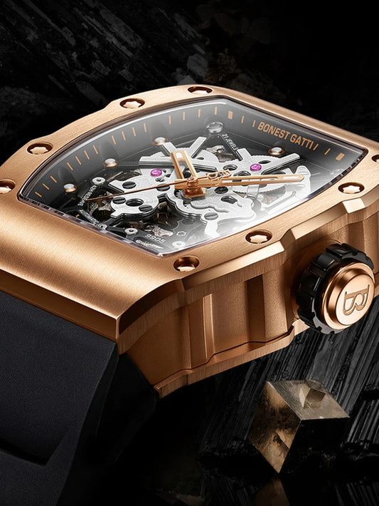 BONEST GATTI Top Craft Watch Phantom Series Skeleton Men Watch Tonneau Automatic Watch Men Mechanical Back Through Watch