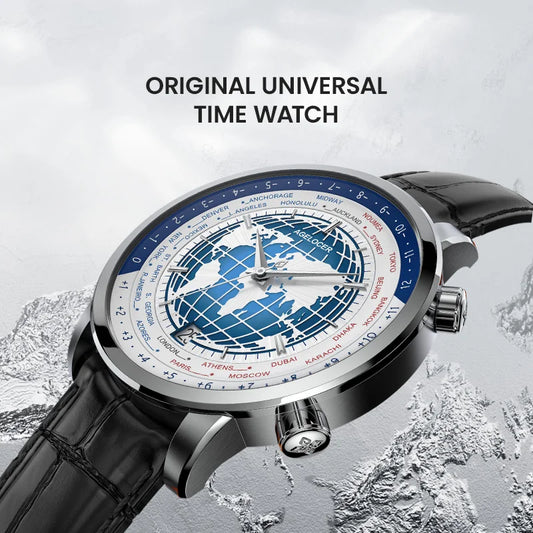 AGELOCER Original World Time Watch Men's Luxury Business Formal Automatic Mechanical Watch Birthday Gift for Men