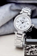 Luxury Lady Women Quartz Watch Stainless Steel Silver Diamonds Bezel 