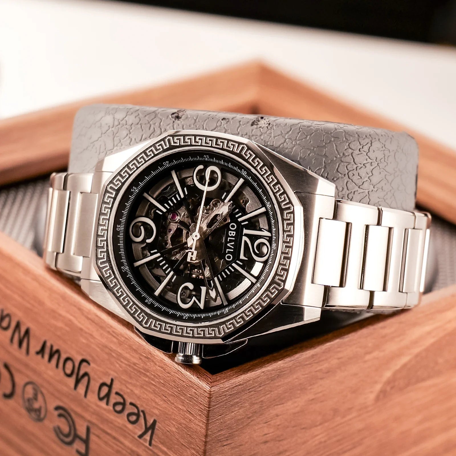 OBLVLO Luxury Mens Automatic Watch Designer Skeleton Dial Stainless 