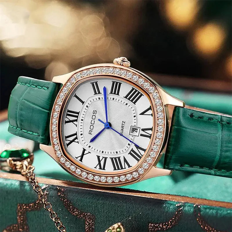 ROCOS Luxury Women Watch Fashion Elegant Diamond Wristwatch Leather RO
