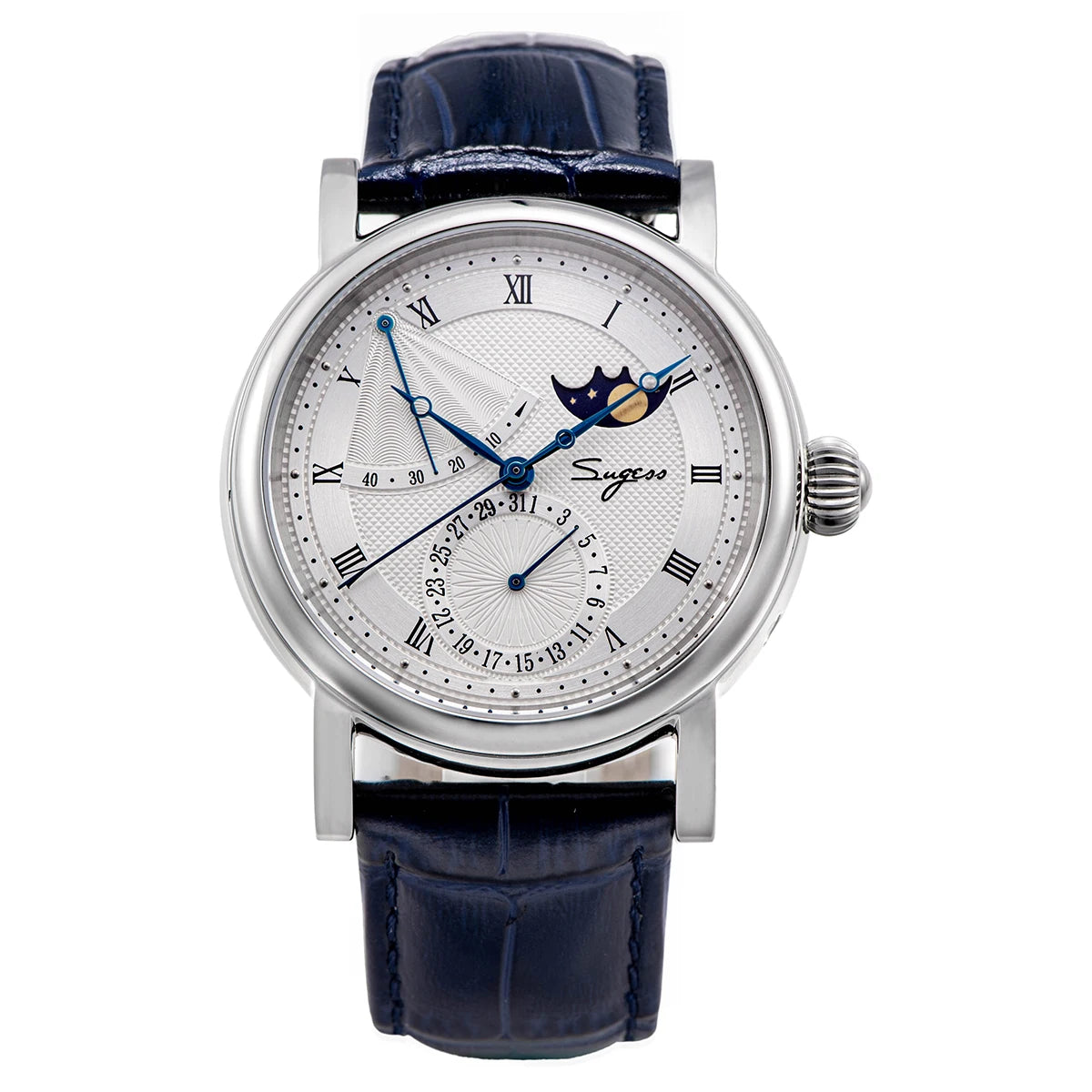 Timeless elegance: Automatic watch with moon phase, sapphire crystal, and water resistance.