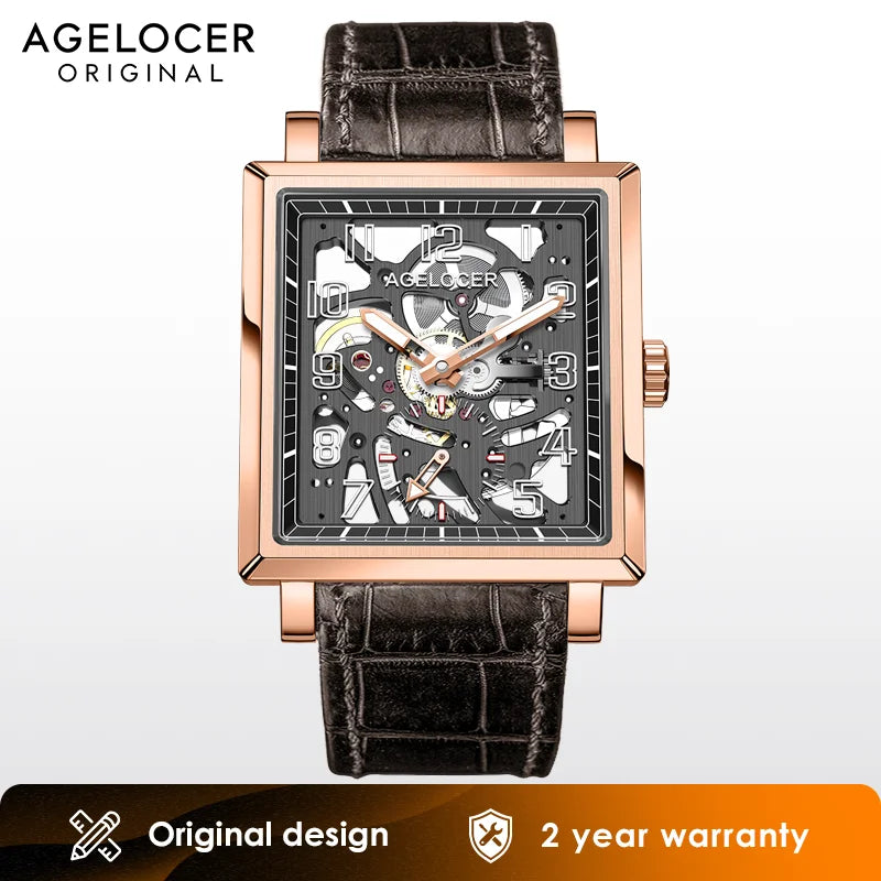 Men's Luxury Gold Watch Square Hollow Luminous Manual Mechanical Watch Birthday Gift for Men