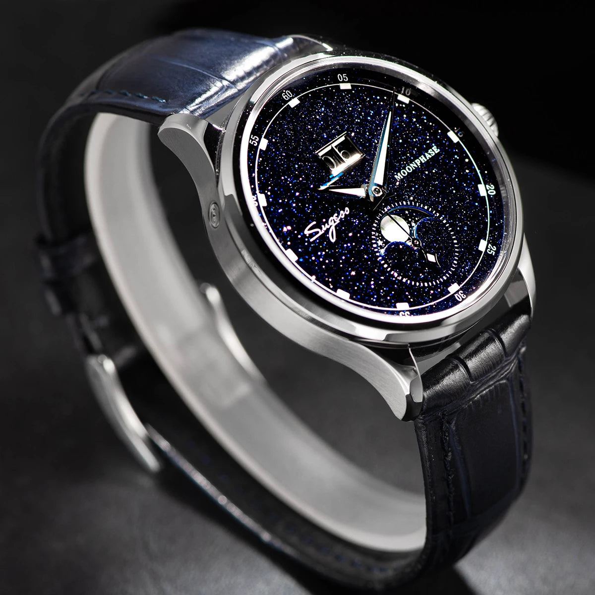 Starry night on your wrist: Moon phase watch with gemstone dial and stainless steel case