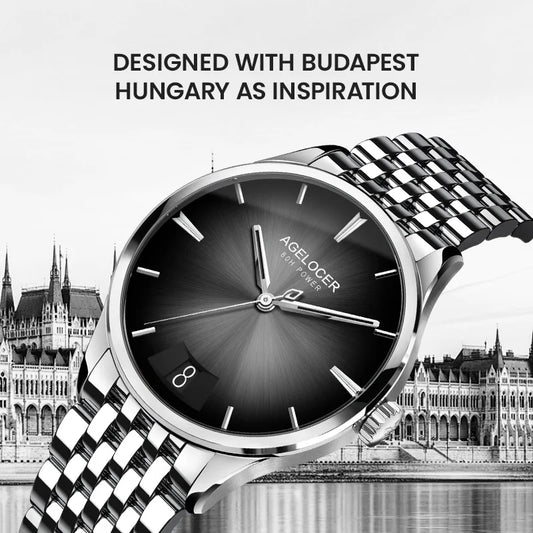 AGELOCER Original Budapest Watch Steel Strap Men's Business Dress Big Calendar Automatic Mechanical Watch Birthday Gift for Men