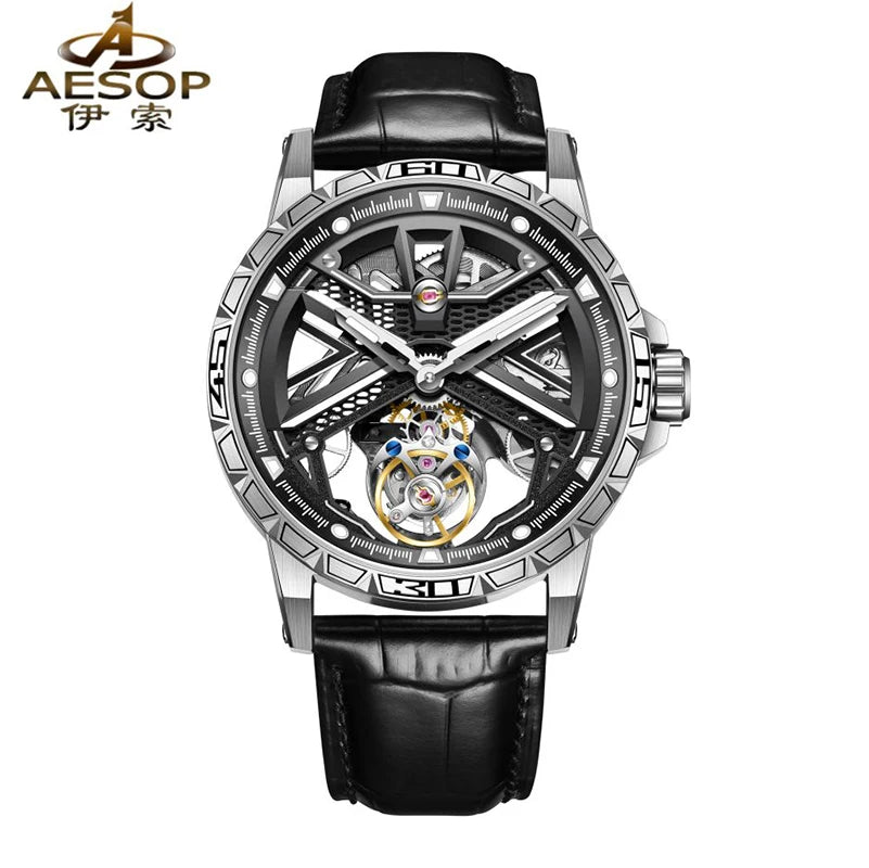 AESOP Man Flying Tourbillon Movement Mechanical Watch For Men Luxury   Fashion Skeleton Tourbillon Wrist Watches Sapphire Mirror