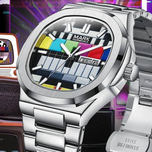 Mark Fairwhale 5210 New Retro TV Watch Men Stainless Steel Trend Luminous Week Calendar Waterproof Quartz Watches for Men Reloj