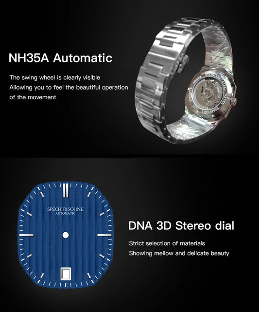 Specht&Sohne New 2024 Elegant 38MM Automatic Stainless Steel Mechanical Watch for Men with NH35 Movt 50M Waterproof