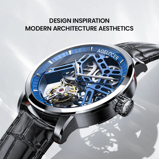 AGELOCER Original Tourbillon Watch Fashion Men's Business Formal Luxury Skeleton Manual Mechanical Watch Birthday Gift for Men