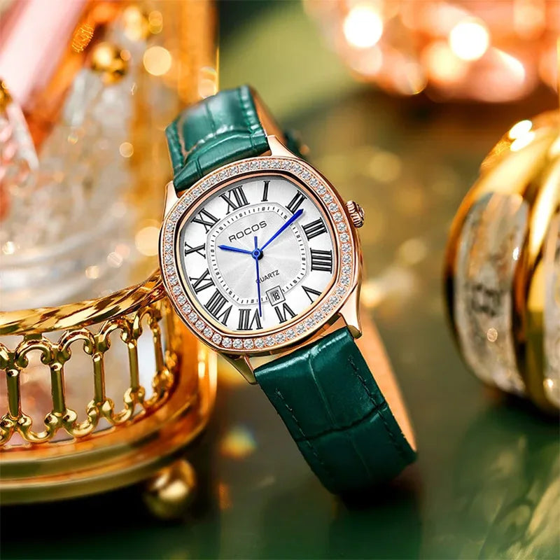ROCOS Luxury Women Watch Fashion Elegant Diamond Wristwatch Leather RO