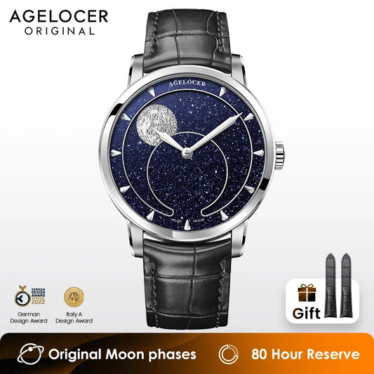 AGELOCER Original Astronomer Watch Blue Aventurine Dial Men's Luxury Automatic Mechanical Moon Phase Watch