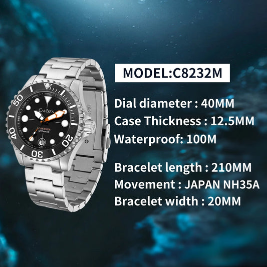 CADISEN AQUA DIVER 2024 New Brand Luxury Men Watches Automatic Watch Japan NH35A 100M Waterproof Luminous Mechanical Wristwatch