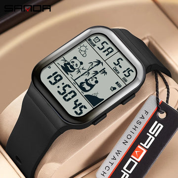 SANDA Fashion Gradient Electronic Outdoor Waterproof Panda Pattern Square Watch Trend Men's And Women's Unisex Childern Watches