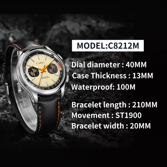 CADISEN New Watch Chronograph Mechanical Wristwatches Seagull ST1900 Swanneck Movement Mens Watch Domed AR Sapphire Crystal Gift