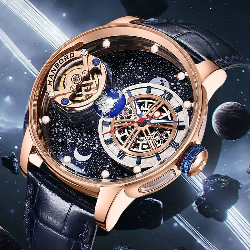 Men Luxury Celestial Mechanical Wristwatches Earth Theme Design