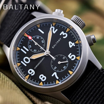 Baltany Pilot Chronograph Quartz Watch for Men Stainless Steel 39mm Case Fabric Strap 100mWaterproof VK61 Vintage Military Style