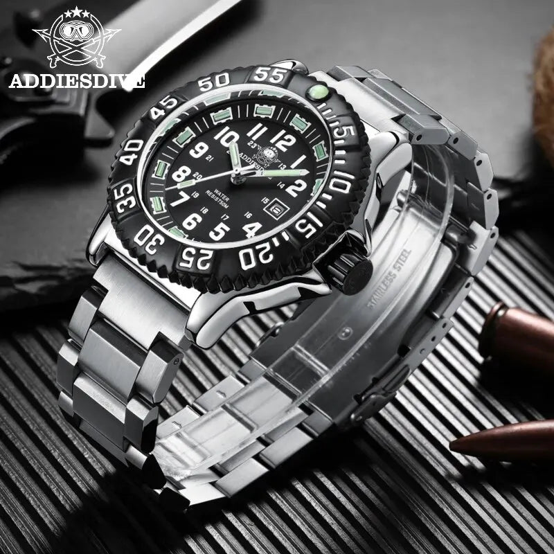 Addies Dive Men Fashion Casual Watch Calendar Display 50m Waterproof Tube Luminous Watch Black Dial Rotating Bezel Quartz Watch