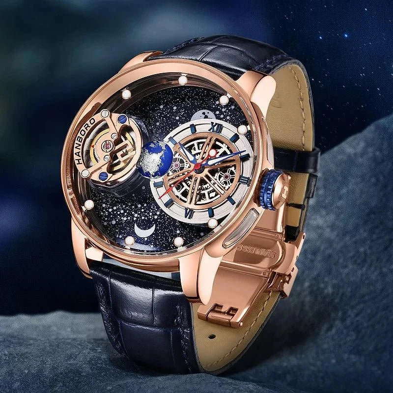 Men Luxury Celestial Mechanical Wristwatches Earth Theme Design