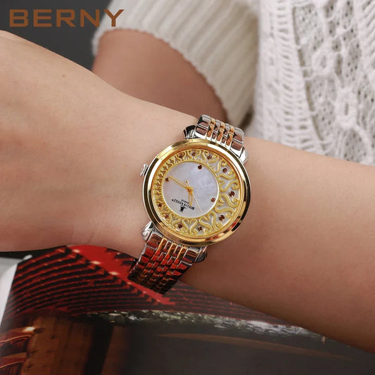 BERNY Women Quartz Watch Butterfly Buckle Stainless Steel Strap Pagani