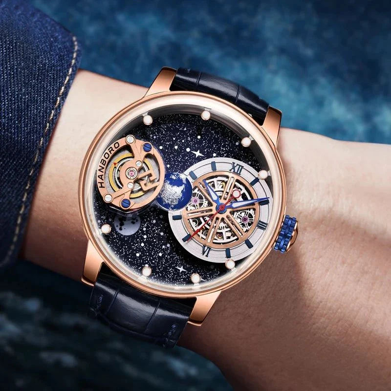 Men Luxury Celestial Mechanical Wristwatches Earth Theme Design