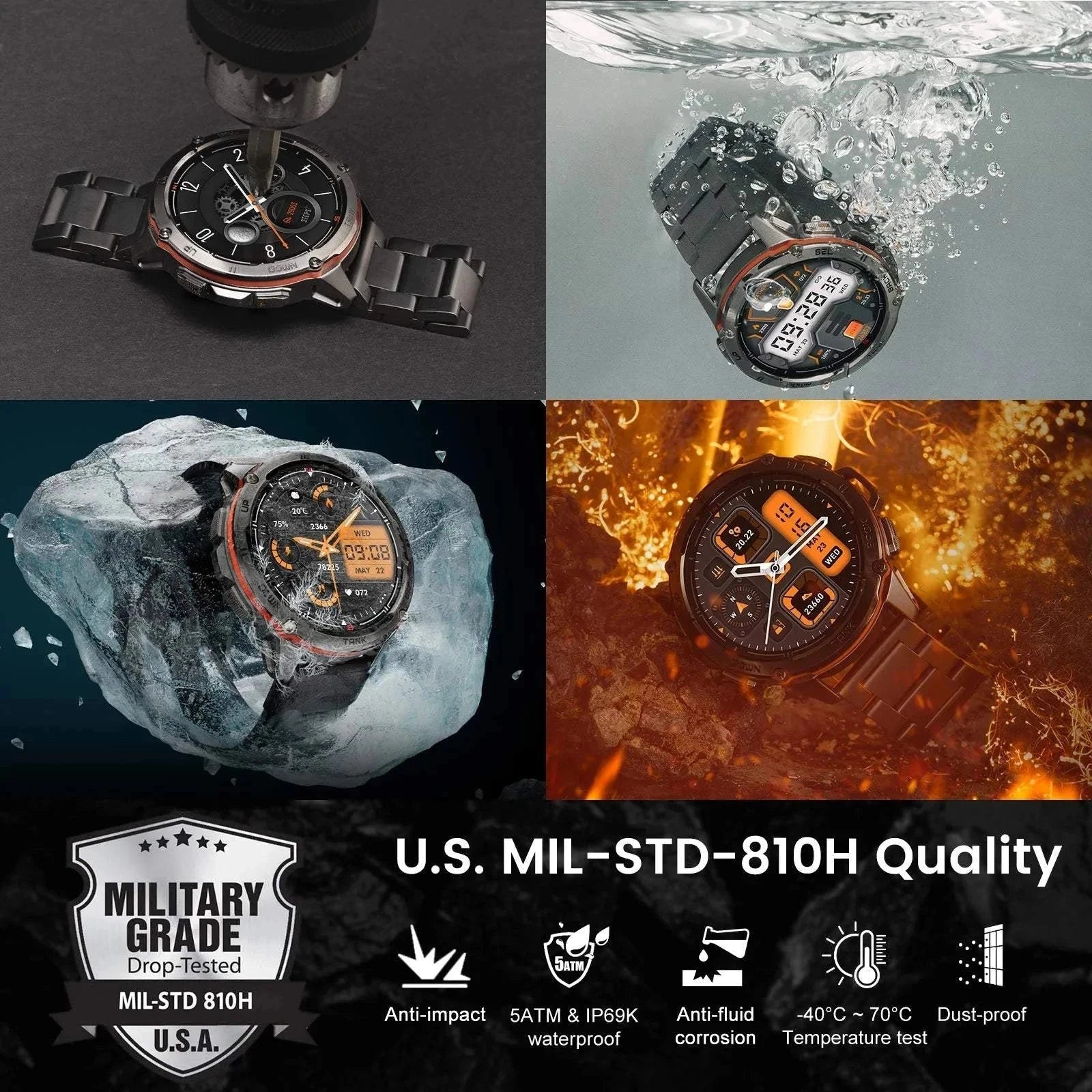 Men AMOLED 470mAh Waterproof Military Bluetooth Call Electronic